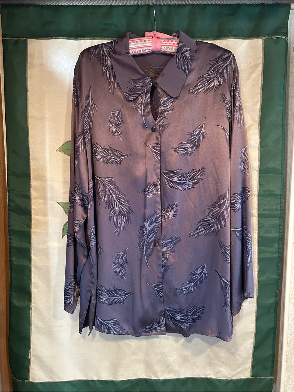 Valerie Stevens Satin Feather-Print Button-Down Shirt - Gray